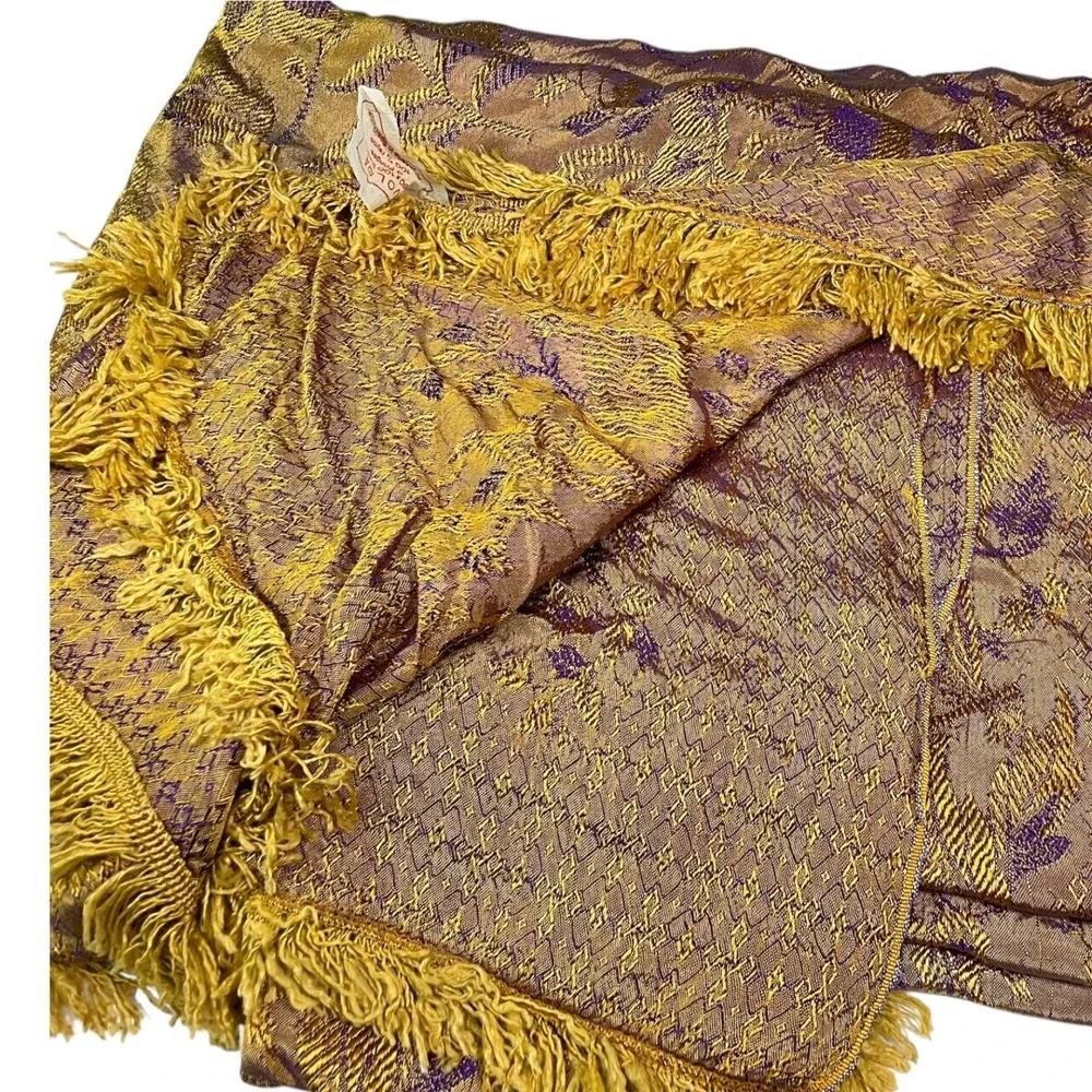 Volga 80x100 Gold Purple Floral Brocade Fringe Bedspread Blanket Regencycore